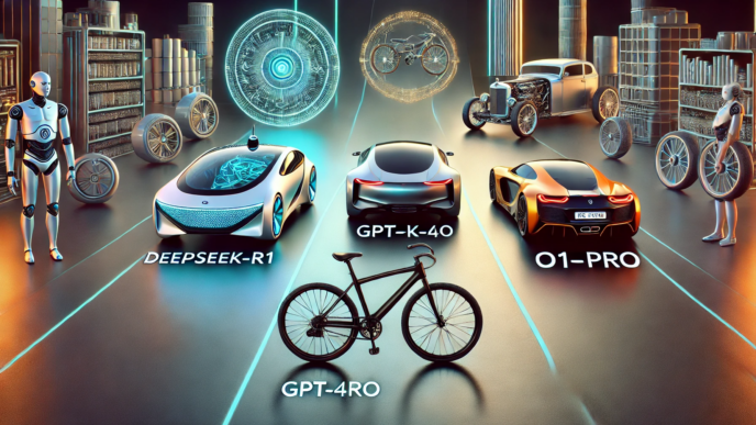 “A lineup of futuristic concept vehicles named DEEPSEEK-R1, GPT-K-40, GPT-4RO, and O1-PRO, surrounded by robots and neon-lit mechanical elements.