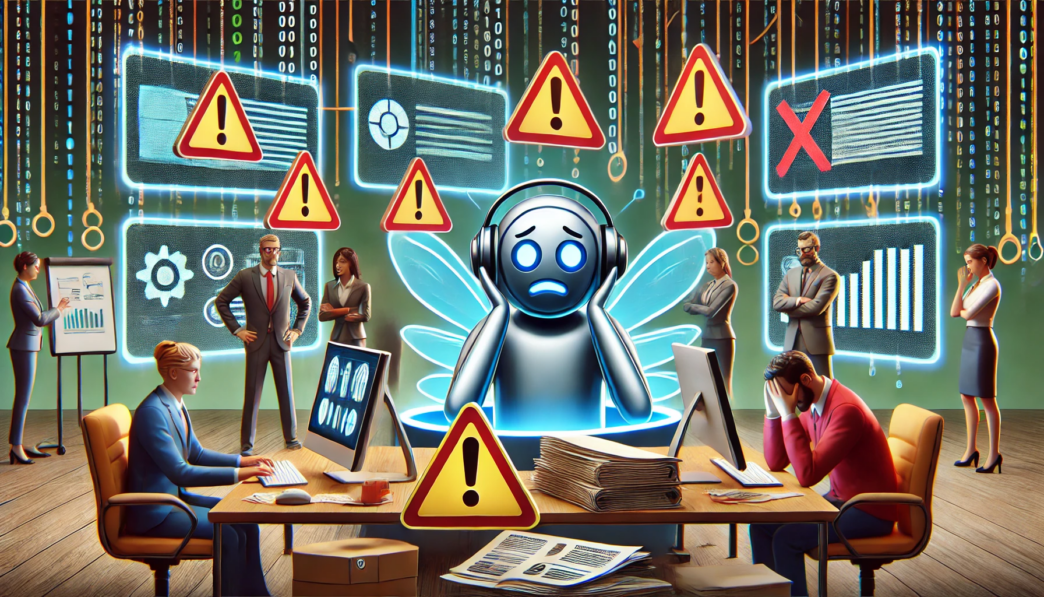 A distressed AI figure with wings and headphones, surrounded by office workers, warning signs, and data screens in a corporate setting.