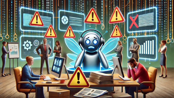 A distressed AI figure with wings and headphones, surrounded by office workers, warning signs, and data screens in a corporate setting.