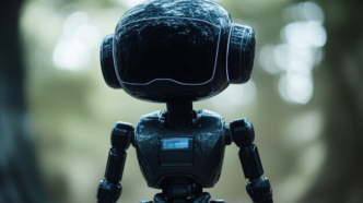 Small black robot with a visor-like head standing in a blurred forest backdrop.