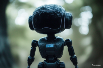 Small black robot with a visor-like head standing in a blurred forest backdrop.