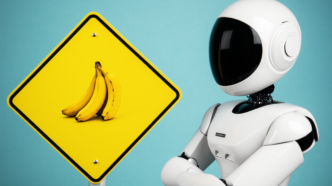 A sleek white robot stands next to a bright yellow road sign displaying a cluster of bananas.