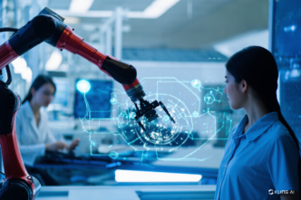 A female researcher in a lab setting observes a red robotic arm displaying a futuristic holographic interface.