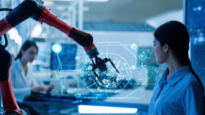 A female researcher in a lab setting observes a red robotic arm displaying a futuristic holographic interface.