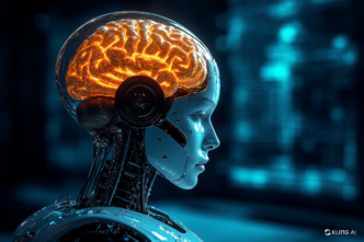 Futuristic humanoid robot with a transparent dome showing an illuminated orange brain.