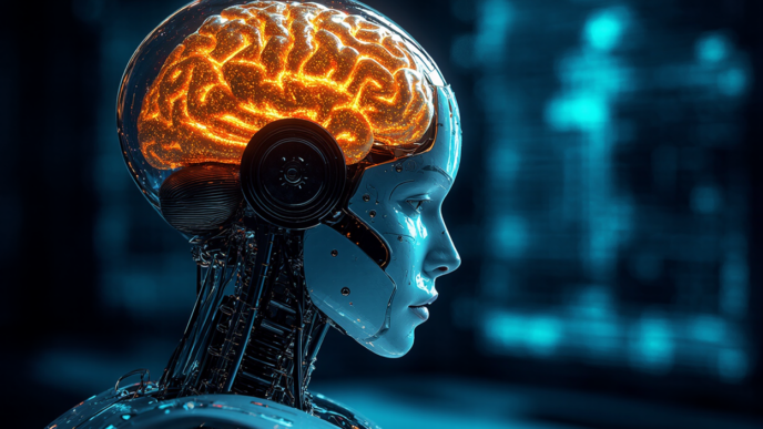 Futuristic humanoid robot with a transparent dome showing an illuminated orange brain.