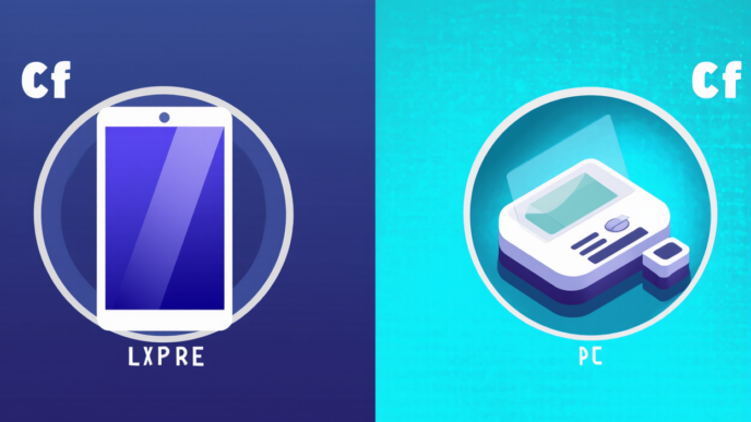 Side-by-side stylized icons featuring a purple tablet labeled ‘LXPRE’ and a white box-like device labeled ‘PC,’ each set against contrasting blue-green backgrounds.