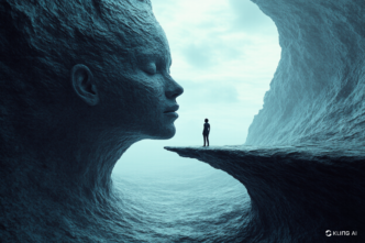A silhouetted figure stands on a rocky ledge, facing a colossal, human-like stone face in a surreal, cavernous landscape.