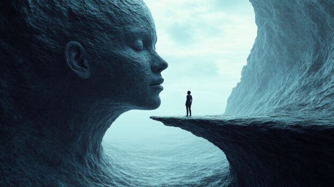 A silhouetted figure stands on a rocky ledge, facing a colossal, human-like stone face in a surreal, cavernous landscape.
