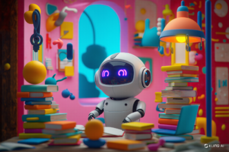 “A playful white robot with neon purple eyes sitting amidst stacks of colorful books in a bright pink room.