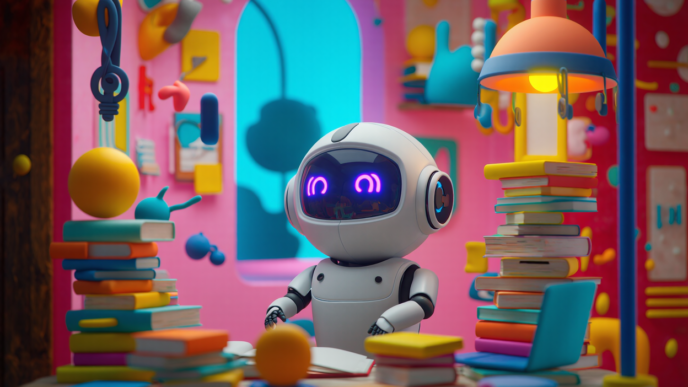 “A playful white robot with neon purple eyes sitting amidst stacks of colorful books in a bright pink room.
