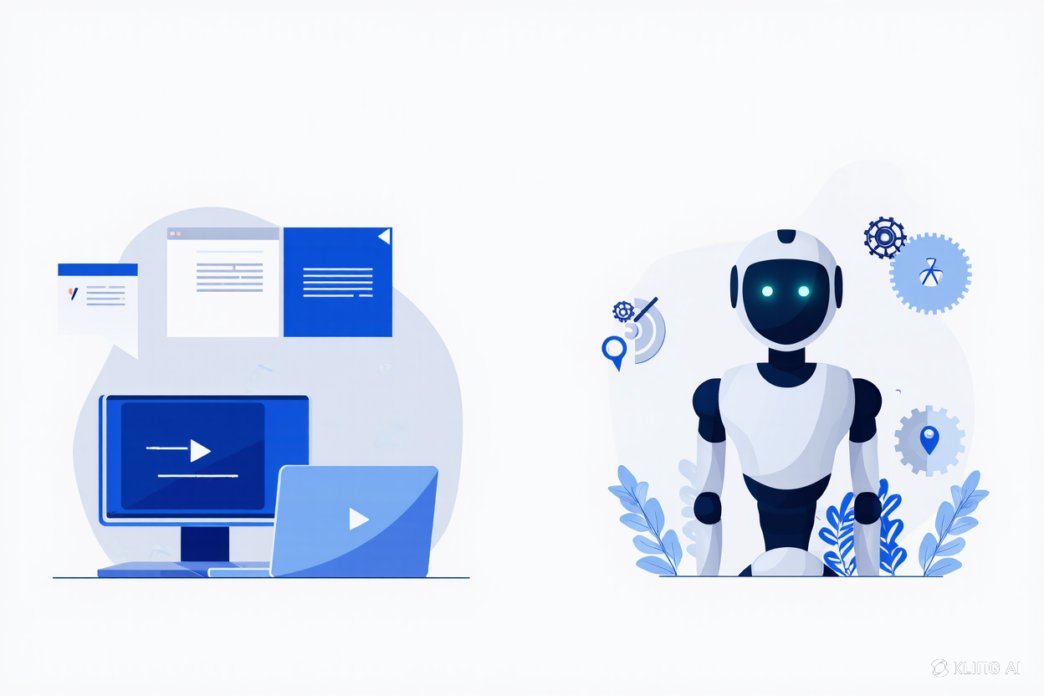A minimalist illustration showing a video display and documents on one side, and a friendly humanoid robot with gear icons on the other.