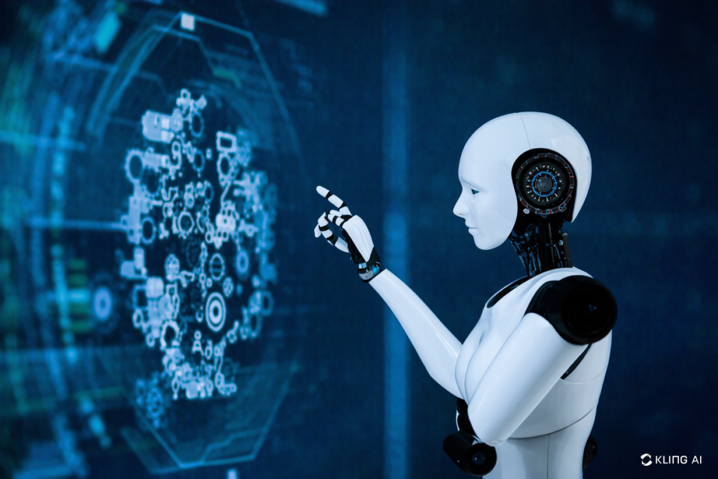 A sleek, white humanoid robot pointing at a glowing digital interface composed of small icons, symbolizing AI-driven data analysis.