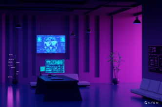 A futuristic, neon-lit office with purple lighting, featuring a large table, multiple digital screens displaying global maps and data, and minimal modern décor.