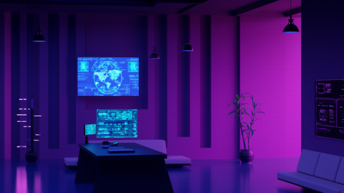 A futuristic, neon-lit office with purple lighting, featuring a large table, multiple digital screens displaying global maps and data, and minimal modern décor.