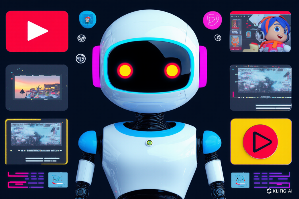 A white, cartoon-like robot with glowing eyes and pink headphone accents, surrounded by colorful media icons and video thumbnails.