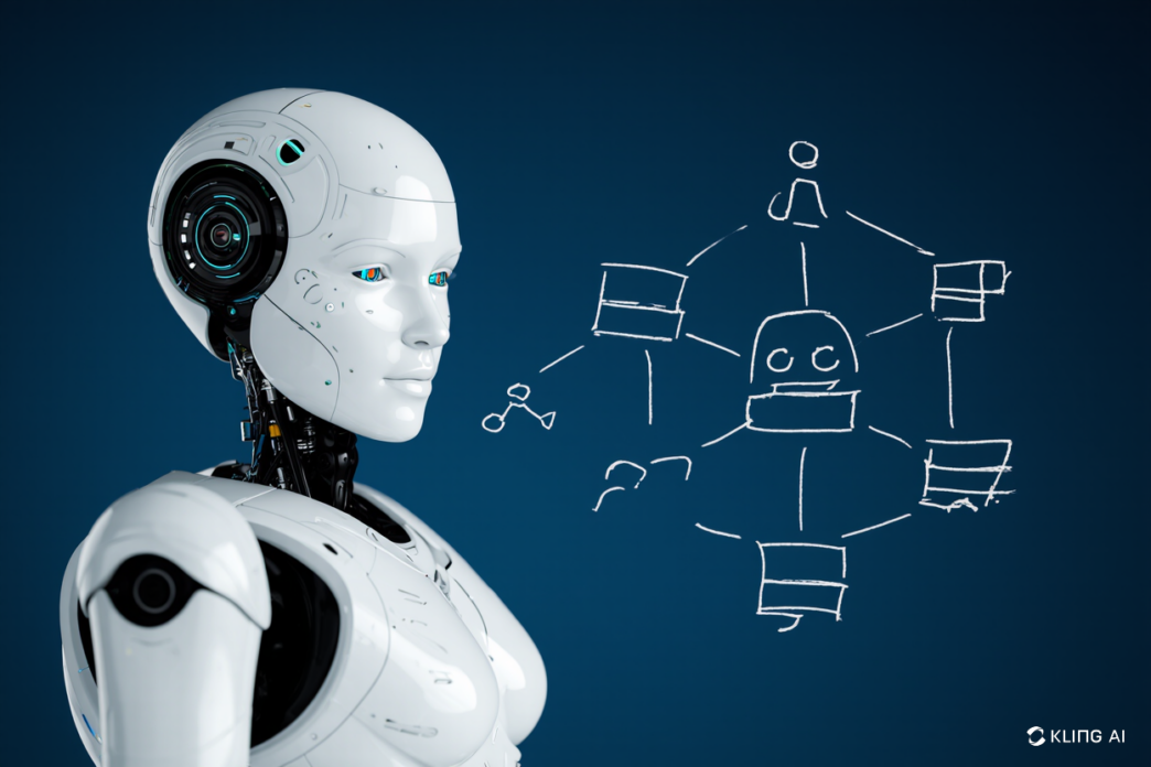 A white humanoid robot facing a schematic diagram of a network on a dark blue background.