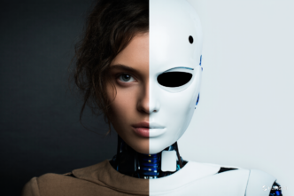 A half-and-half portrait combining a human woman’s face with a white robotic facade, symbolizing the fusion of humanity and AI.