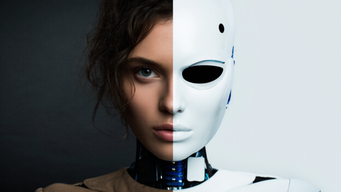 A half-and-half portrait combining a human woman’s face with a white robotic facade, symbolizing the fusion of humanity and AI.