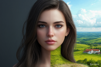 A young woman’s face split down the middle, with one side set against a dark background and the other transitioning into a lush, green landscape.