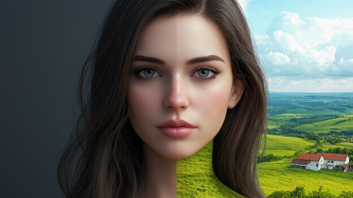 A young woman’s face split down the middle, with one side set against a dark background and the other transitioning into a lush, green landscape.