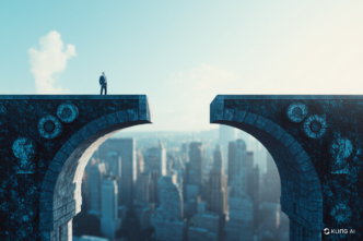 A lone businessman stands on the edge of a broken stone bridge high above a sprawling cityscape, symbolizing a gap or challenge.