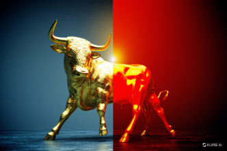 A gleaming gold bull statue split by a blue and red background, symbolizing contrasting forces or perspectives.