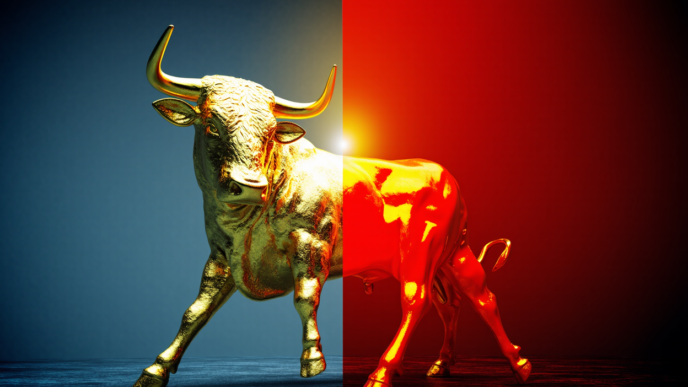 A gleaming gold bull statue split by a blue and red background, symbolizing contrasting forces or perspectives.