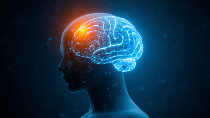 Silhouette of a human head with a glowing, translucent brain overlay, featuring an orange highlight on the frontal lobe.