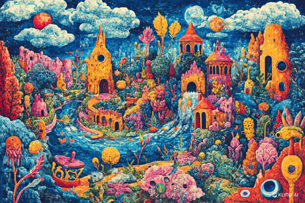 A richly colored fantasy landscape with winding rivers, surreal buildings, and vibrant flora in pink, orange, and blue hues.