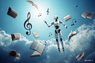 Humanoid robot floating among open books and musical notes in a bright, cloudy sky.