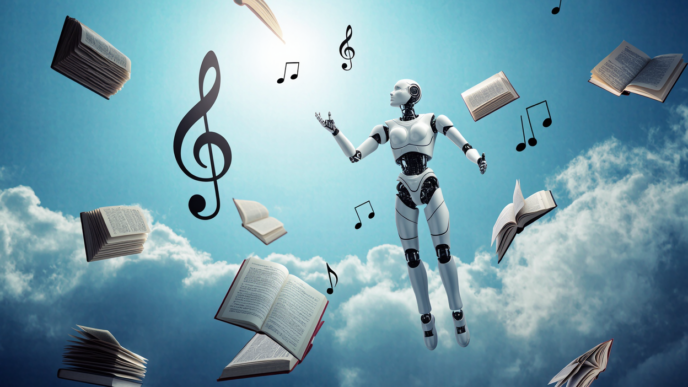 Humanoid robot floating among open books and musical notes in a bright, cloudy sky.