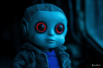 A doll-like robotic figure in a blue hue with large, glowing red eyes and a textured coat, set against a dark background.