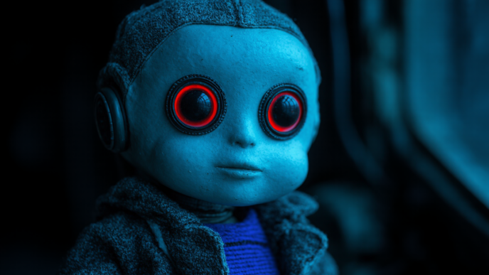 A doll-like robotic figure in a blue hue with large, glowing red eyes and a textured coat, set against a dark background.