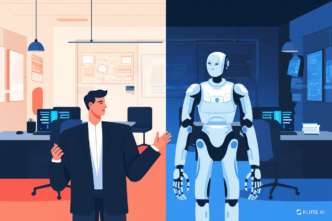 A split-screen office scene showing a businessman on one side and a humanoid robot on the other, representing human–AI collaboration.