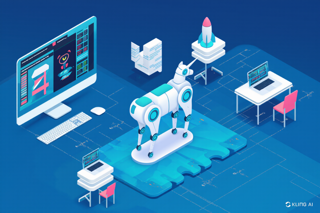 “An isometric illustration of a four-legged, unicorn-like robot in a futuristic workspace, with a large computer monitor, rocket model, and coding interfaces.