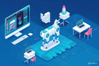 “An isometric illustration of a four-legged, unicorn-like robot in a futuristic workspace, with a large computer monitor, rocket model, and coding interfaces.
