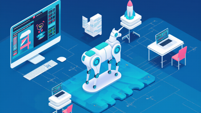 “An isometric illustration of a four-legged, unicorn-like robot in a futuristic workspace, with a large computer monitor, rocket model, and coding interfaces.