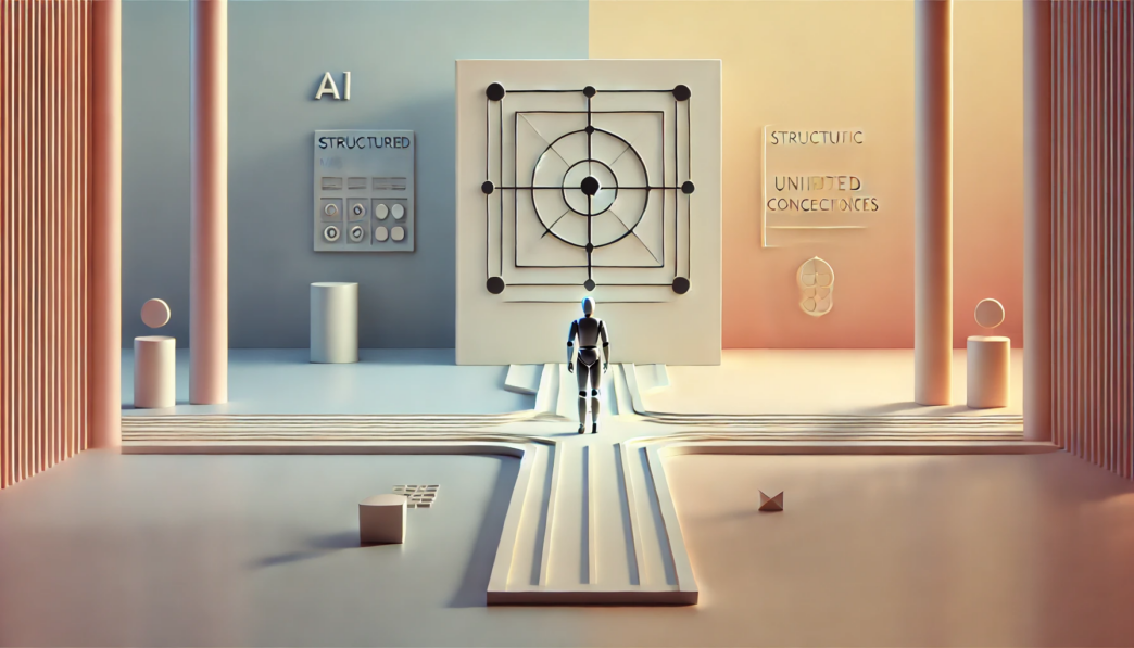 A minimalist scene with soft pastel tones featuring a humanoid figure facing a large, grid-like structure, representing AI concepts of ‘structured’ and ‘unified’ data.