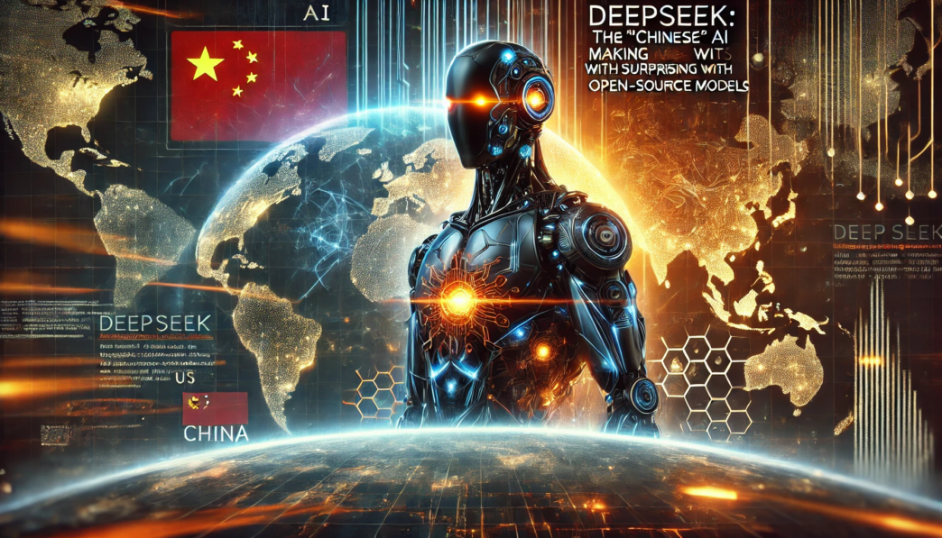 A futuristic humanoid AI with a glowing core stands against a world map featuring the US and China, representing DeepSeek’s cross-border ties.