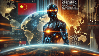 A futuristic humanoid AI with a glowing core stands against a world map featuring the US and China, representing DeepSeek’s cross-border ties.