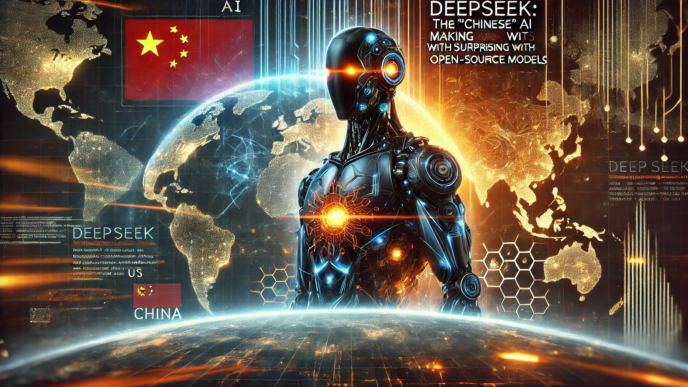 A futuristic humanoid AI with a glowing core stands against a world map featuring the US and China, representing DeepSeek’s cross-border ties.