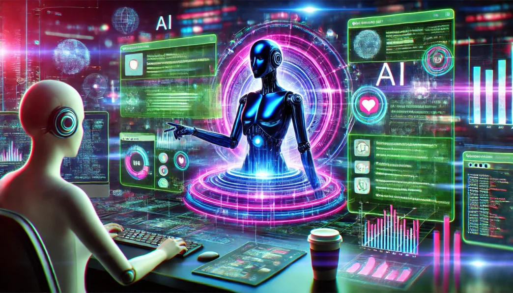 A futuristic interface where a humanoid operator works at a high-tech console, interacting with a neon-lit AI avatar amid holographic data screens.