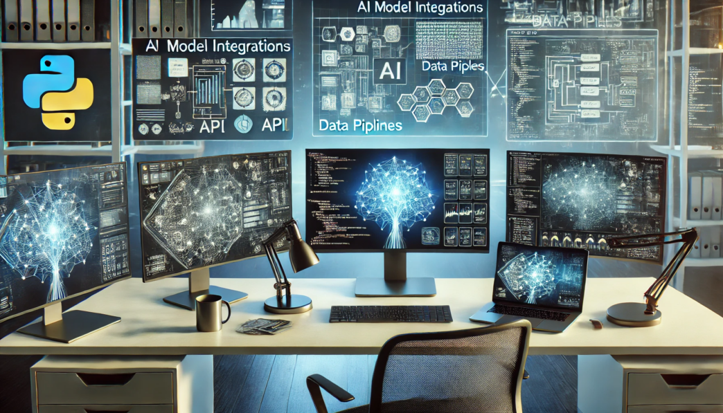 A modern data science workspace with multiple monitors displaying neural network visualizations, AI model integrations, and a Python logo in the background.