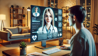 A man interacting with a large computer monitor displaying a virtual doctor’s interface, complete with medical icons and a digital face scan.