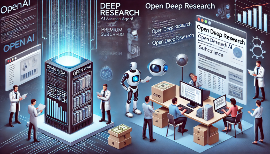 A futuristic AI research hub with a tall data server labeled ‘Deep Research,’ surrounded by scientists, robots, and open data interfaces.