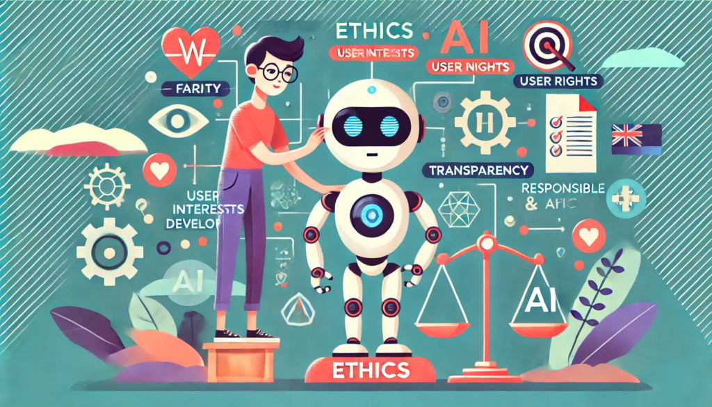 A friendly robot labeled ‘AI’ standing on a platform marked ‘Ethics,’ with a human patting its head, surrounded by symbols for user rights, transparency, and responsibility.