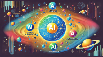 A vibrant, cosmic-style diagram with a central sphere labeled ‘AI,’ surrounded by orbits connecting additional spheres labeled ‘Humans’ and ‘Algorithms.’