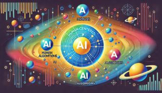 A vibrant, cosmic-style diagram with a central sphere labeled ‘AI,’ surrounded by orbits connecting additional spheres labeled ‘Humans’ and ‘Algorithms.’
