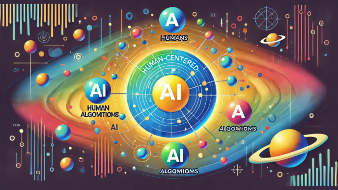 A vibrant, cosmic-style diagram with a central sphere labeled ‘AI,’ surrounded by orbits connecting additional spheres labeled ‘Humans’ and ‘Algorithms.’